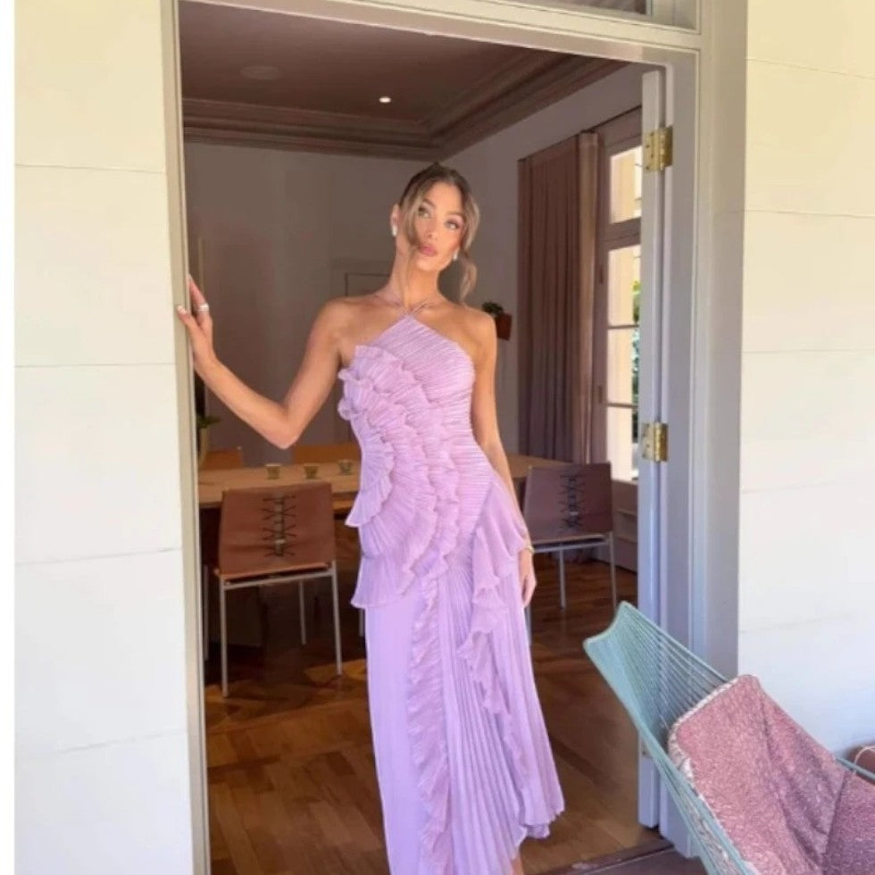 Sukienka damska maxi plisowana z falbanami elegancka